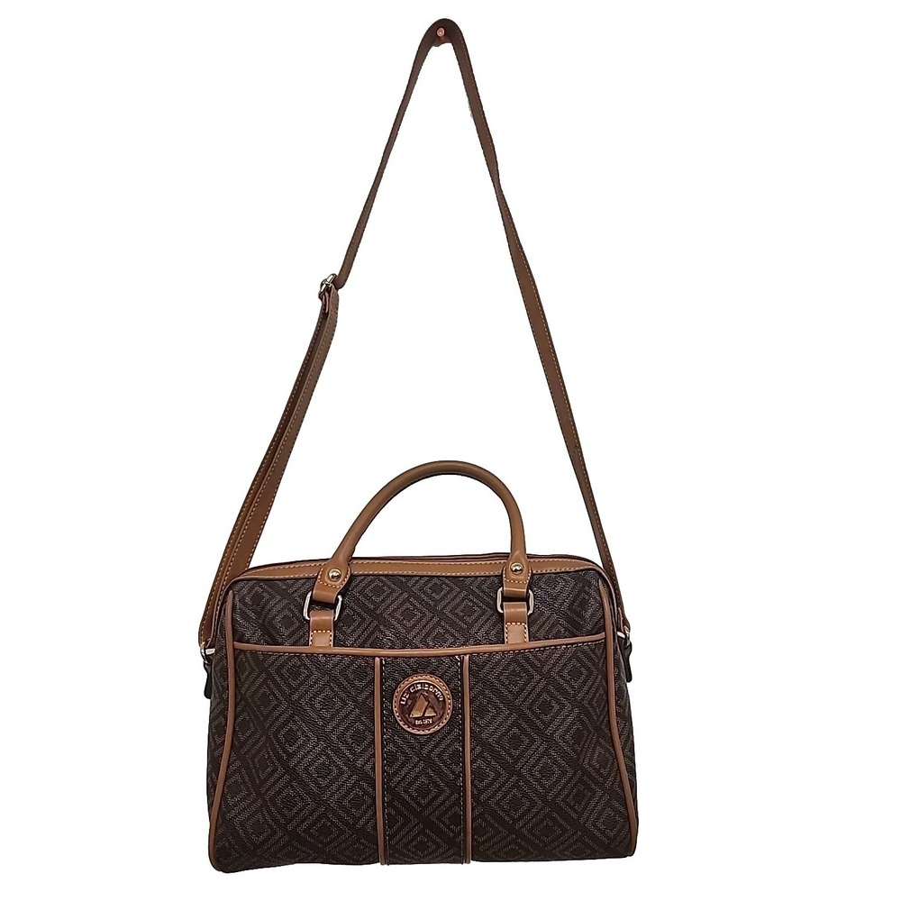 Liz Claiborne Est 1976 Womens Monogram structured shoulder bag duffle brown tan